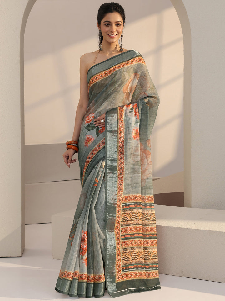 Libas Grey Floral Printed cotton blend Saree