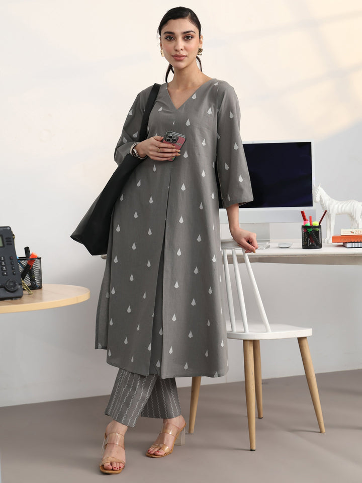 Libas Grey Floral Woven Design Cotton Blend A-Line Kurta Set
