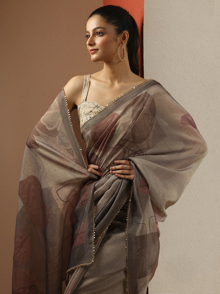 Grey Geometric Printed Silk Blend Saree With Unstitched Blouse Piece