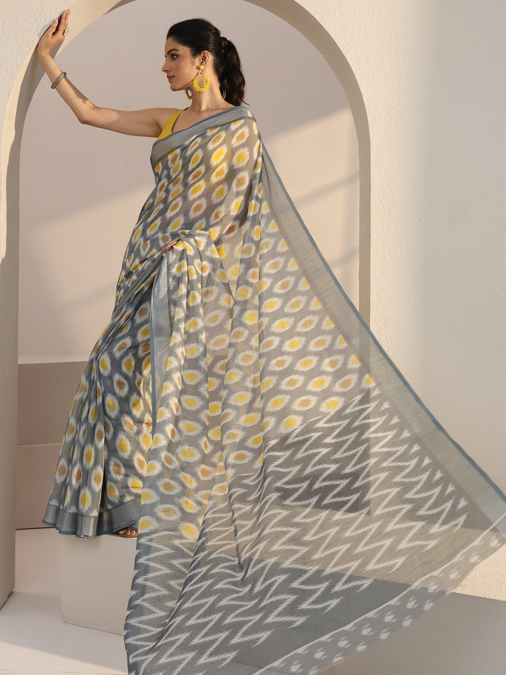 Libas Grey Geometric Printed cotton blend Saree