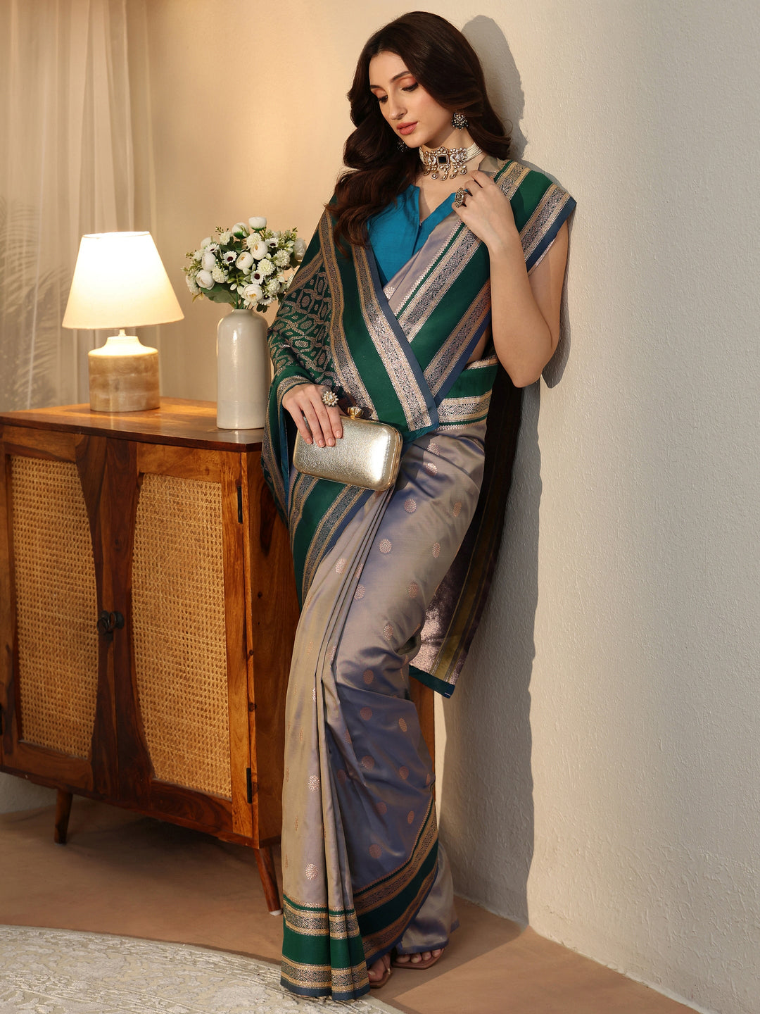 Libas Grey Kanjeevaram Silk Blend Saree