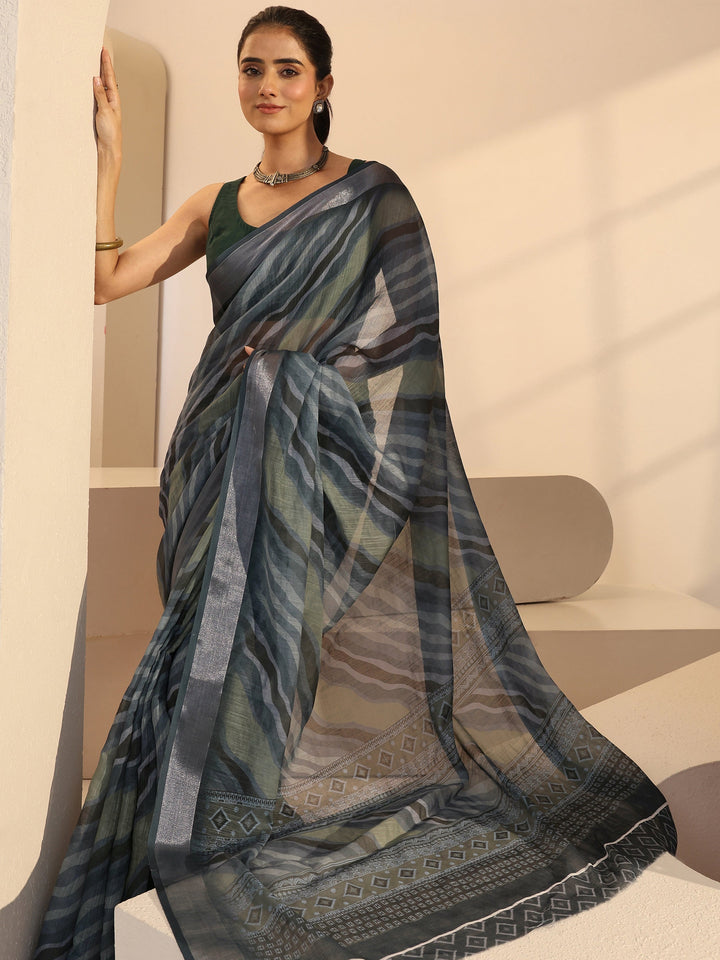 Libas Grey Wavy Print Cotton Blend Saree