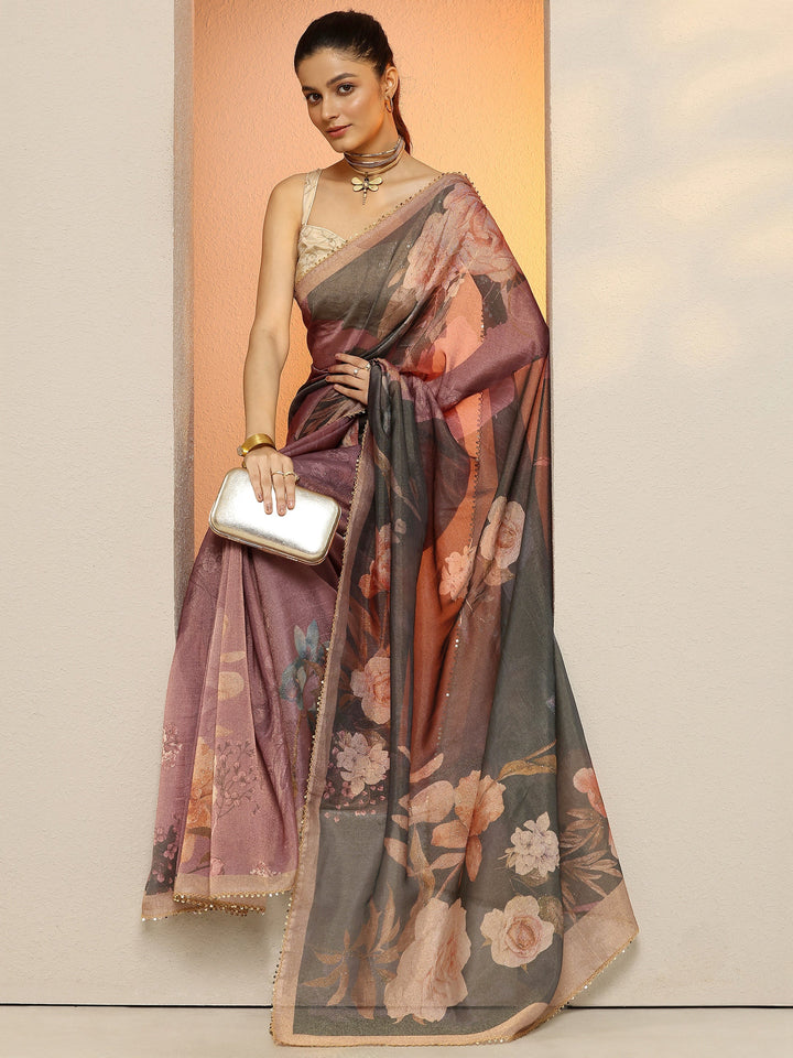 Grey Printed Silk Blend Saree With Unstitched Blouse Piece