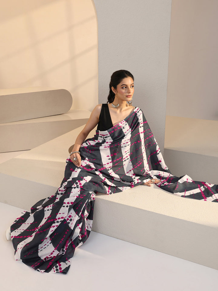 Libas Grey Geometric Print Cotton Saree
