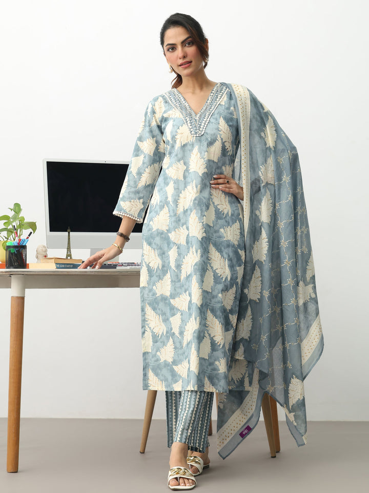 Grey Floral Printed Cotton Blend Straight Suit Set With Dupatta