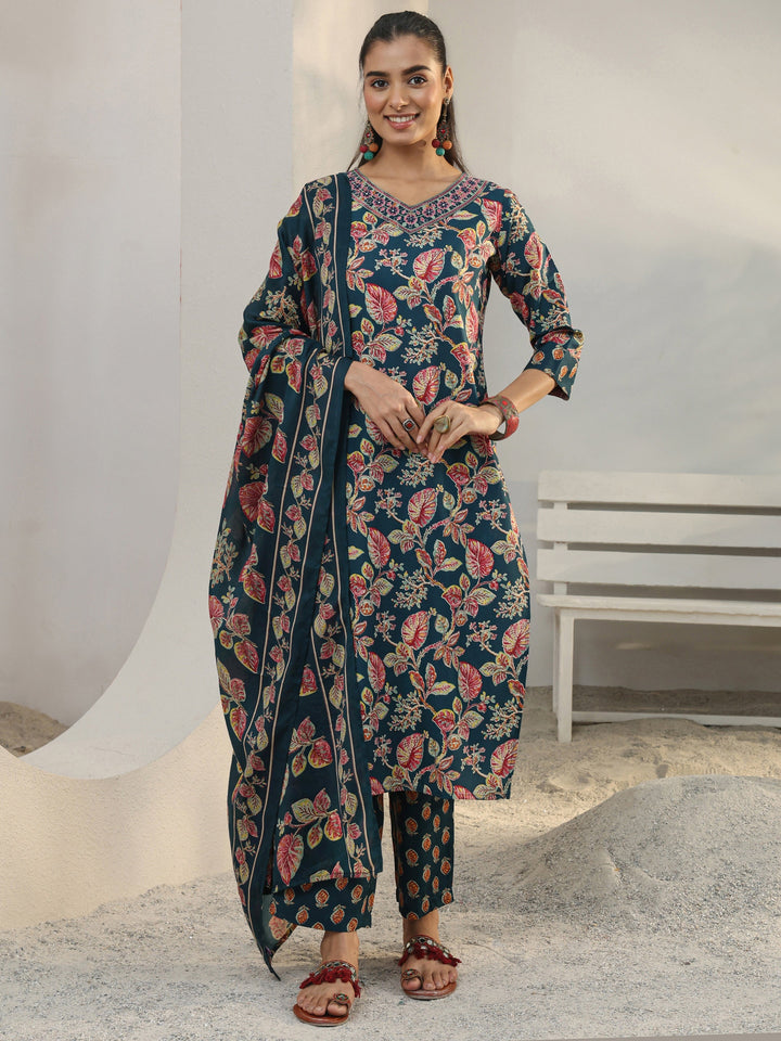 Blue Floral Printed Cotton Blend Straight Suit Set With Dupatta