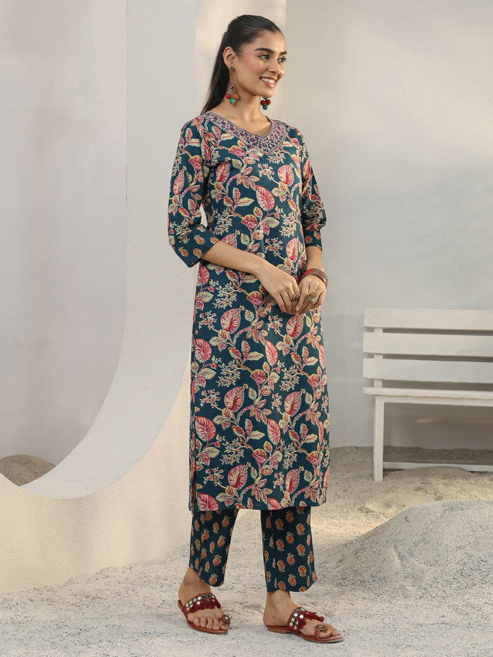 Blue Floral Printed Cotton Blend Straight Suit Set With Dupatta
