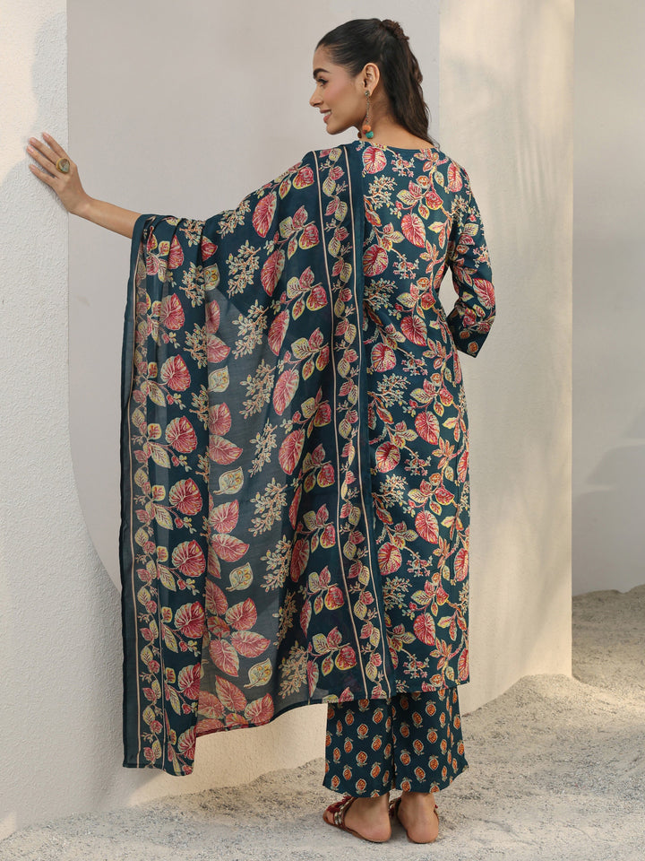 Blue Floral Printed Cotton Blend Straight Suit Set With Dupatta