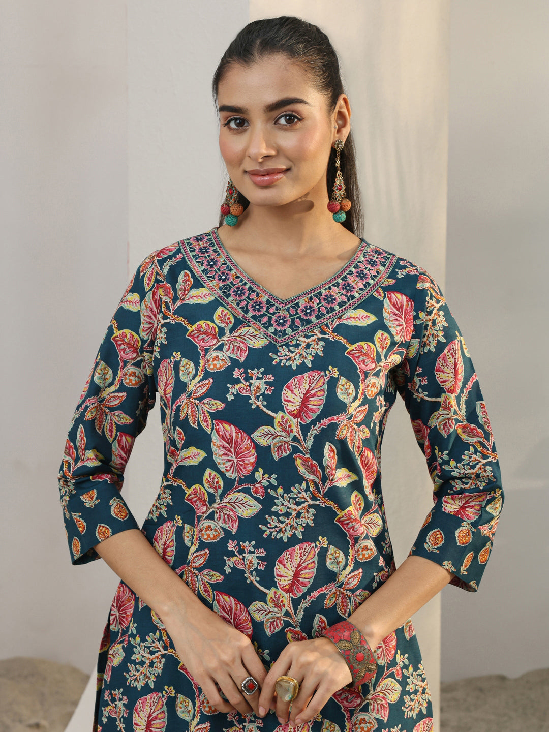 Blue Floral Printed Cotton Blend Straight Suit Set With Dupatta