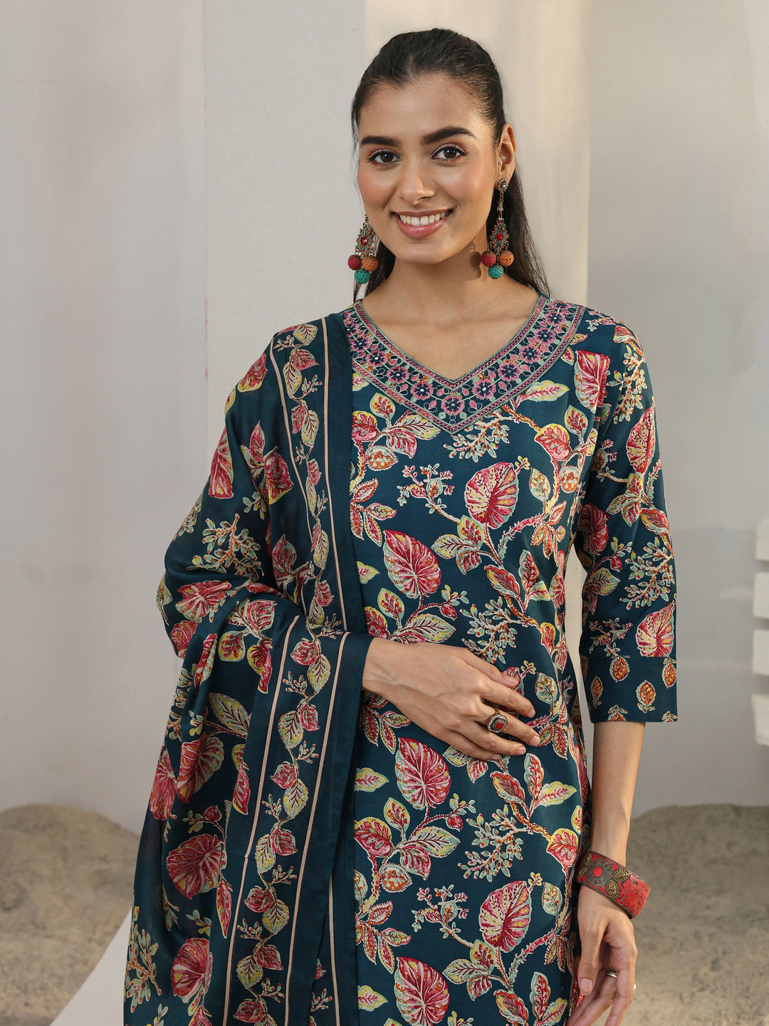 Blue Floral Printed Cotton Blend Straight Suit Set With Dupatta