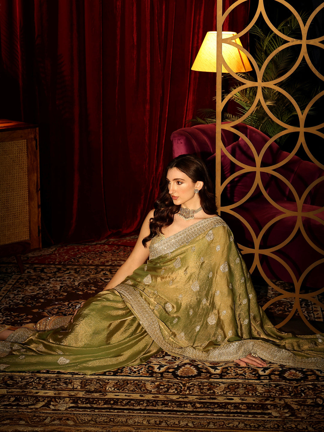 Libas Henna Green Embellished Tissue Saree