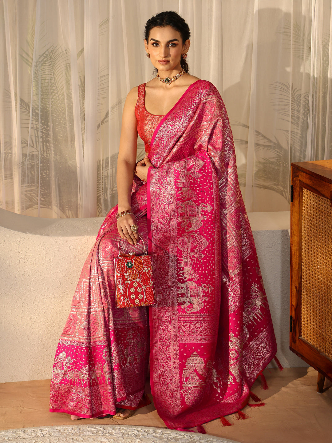 Libas Hot Pink Gharchola Silk Blend Saree
