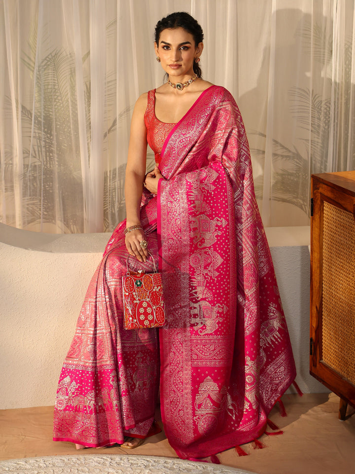 Libas Hot Pink Gharchola Silk Blend Saree