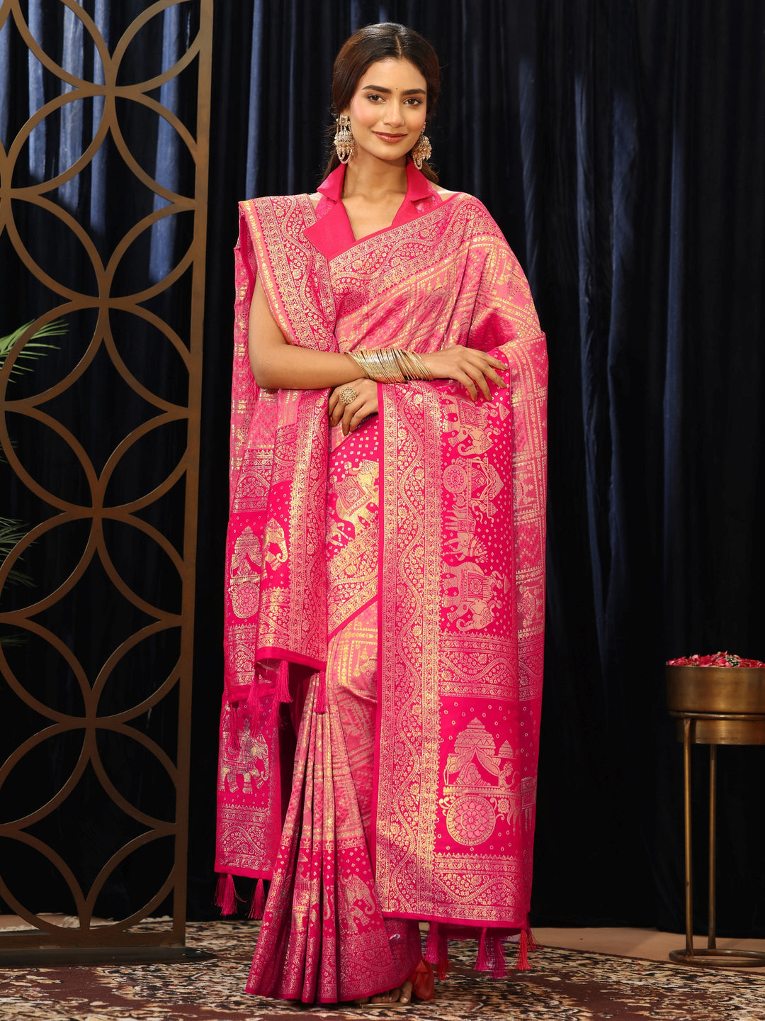 Libas Hot Pink Gharchola Silk Blend Saree with Dupatta