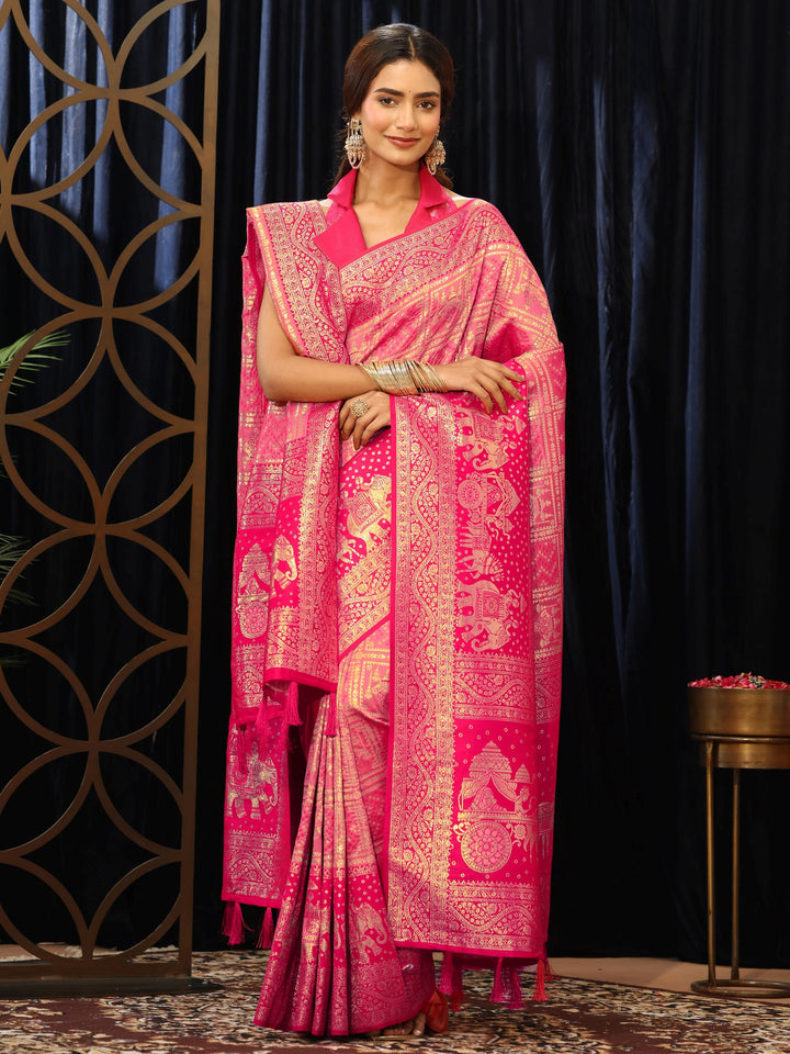 Libas Hot Pink Gharchola Silk Blend Saree with Dupatta
