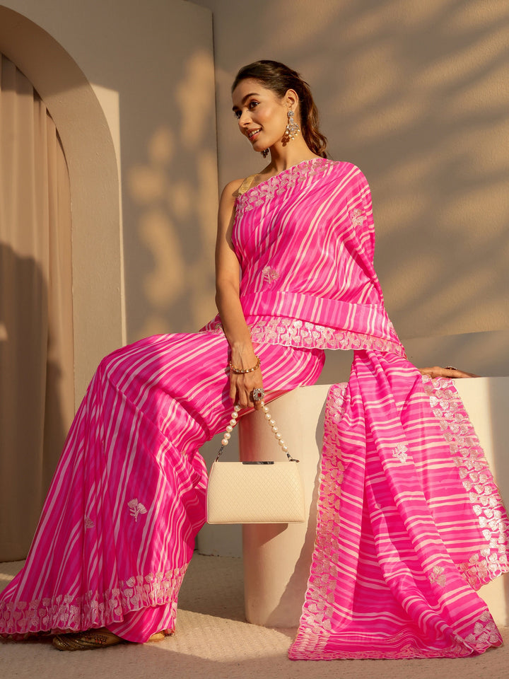 Libas Hot Pink Leheriya Printed Satin Saree