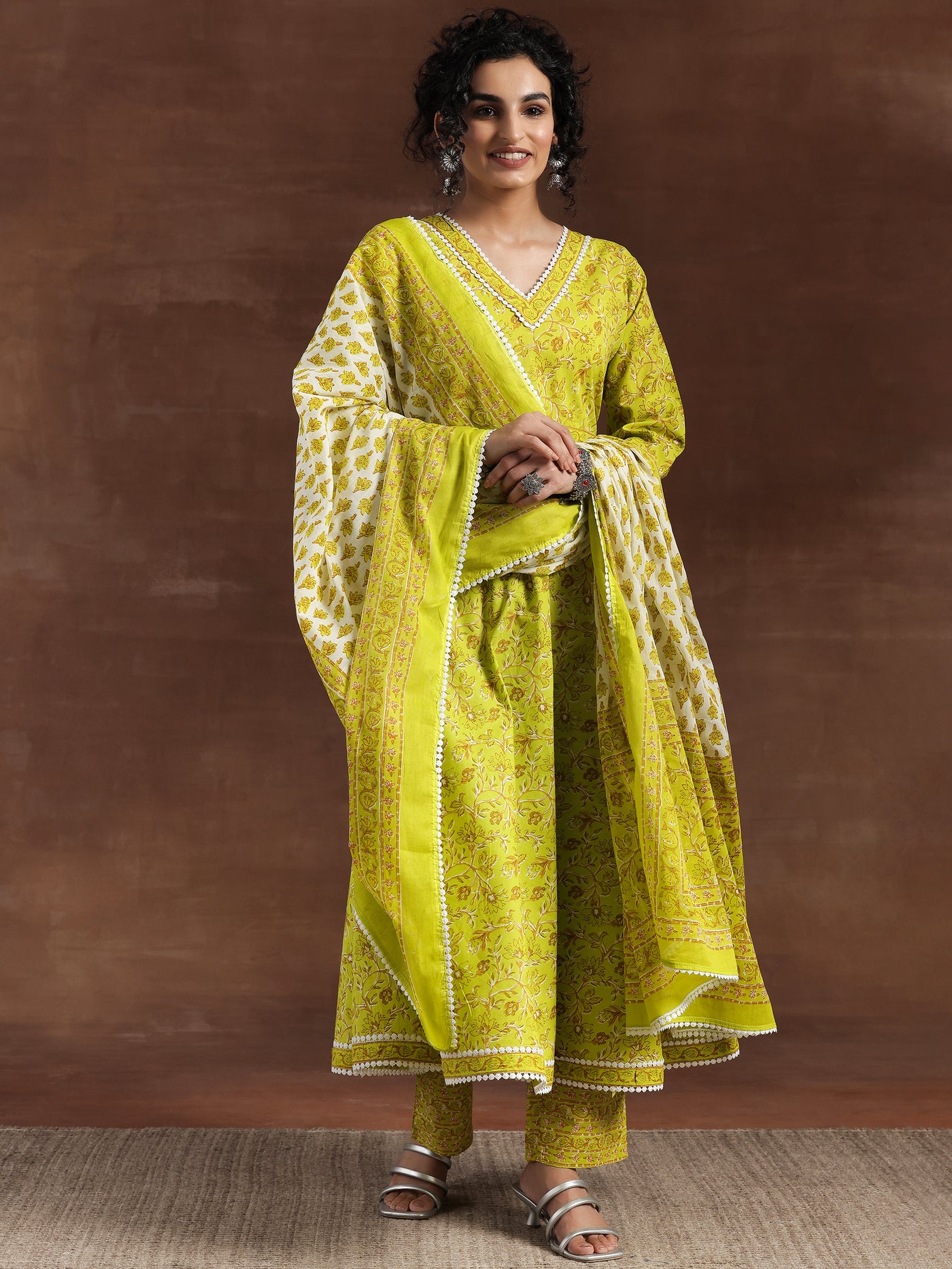 Green Printed Cotton Anarkali Suit With Dupatta