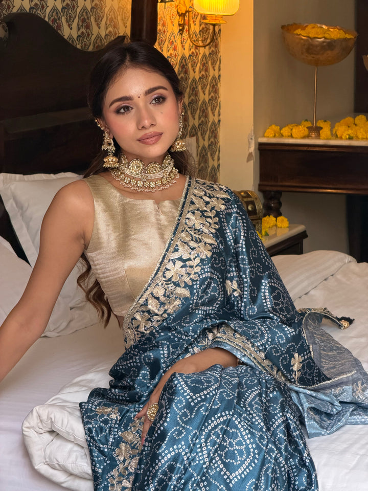 Libas Blue Bandhani Printed Chinon Saree With Unstitched Blouse Piece