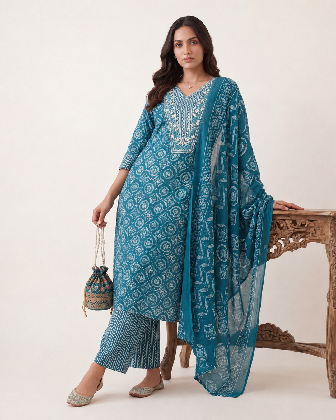Blue Ethnic Printed Cotton Blend Straight Suit Set With Dupatta