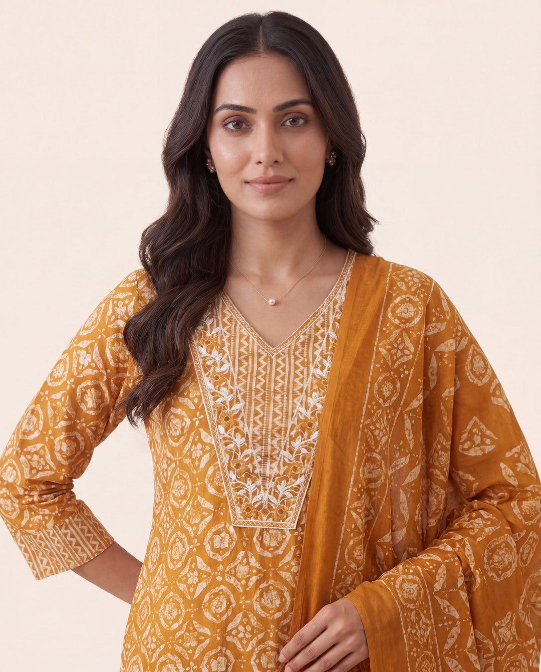 Mustard Ethnic Printed Cotton Blend Straight Suit Set With Dupatta
