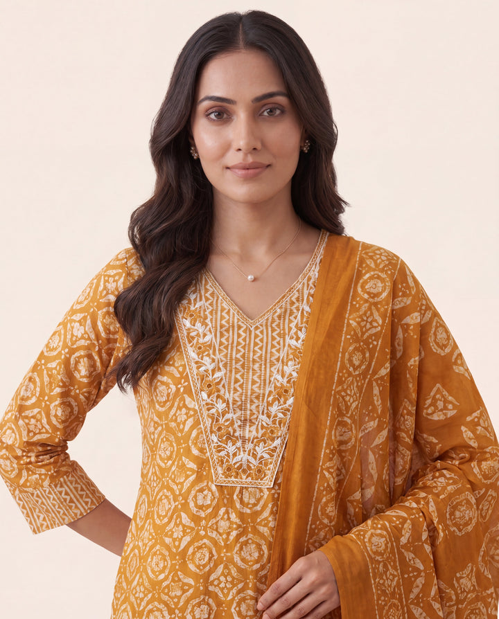 Mustard Ethnic Printed Cotton Blend Straight Suit Set With Dupatta