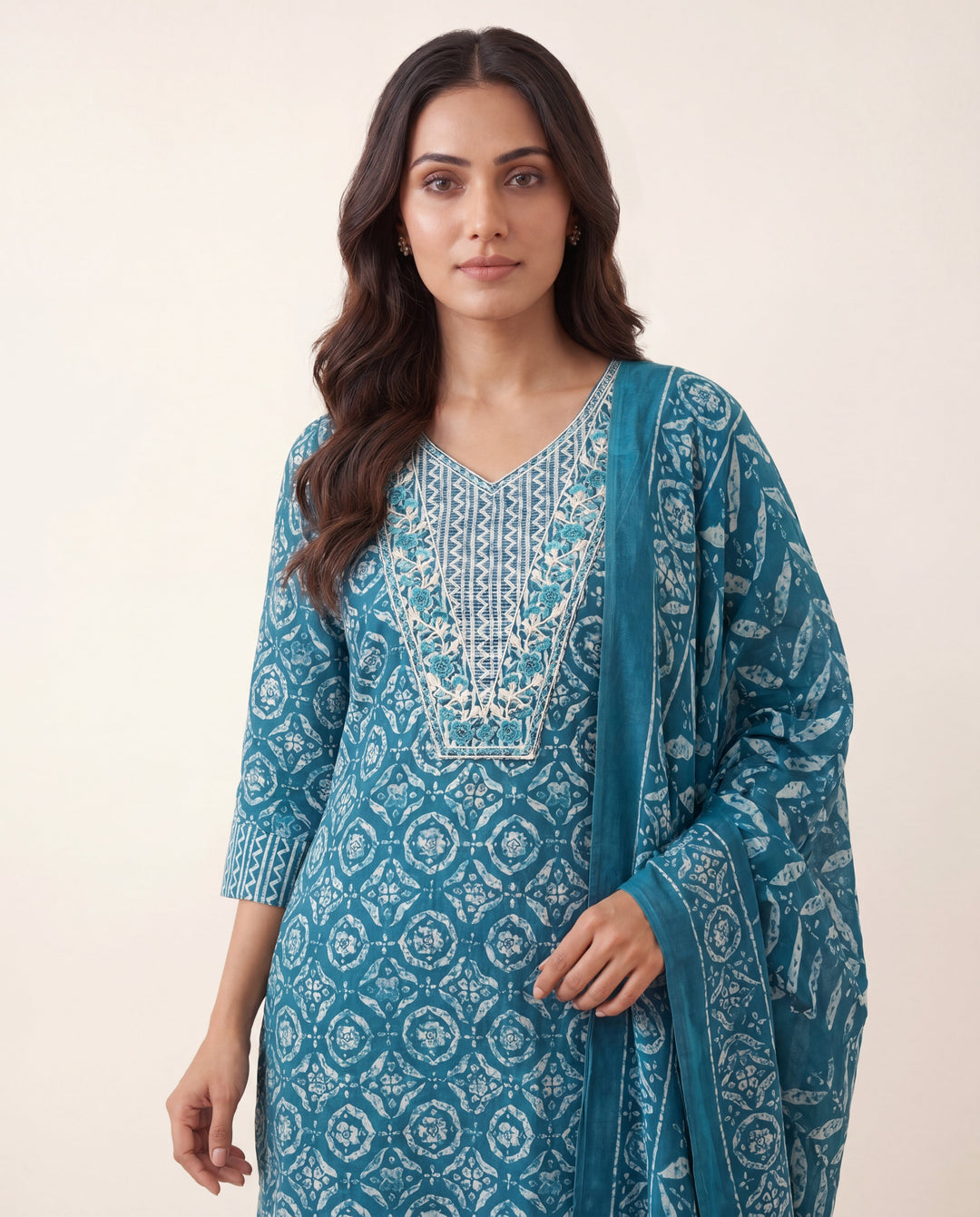 Blue Ethnic Printed Cotton Blend Straight Suit Set With Dupatta