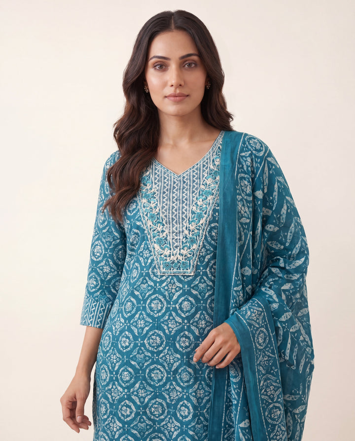 Blue Ethnic Printed Cotton Blend Straight Suit Set With Dupatta