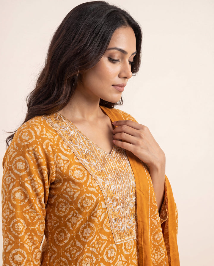 Mustard Ethnic Printed Cotton Blend Straight Suit Set With Dupatta
