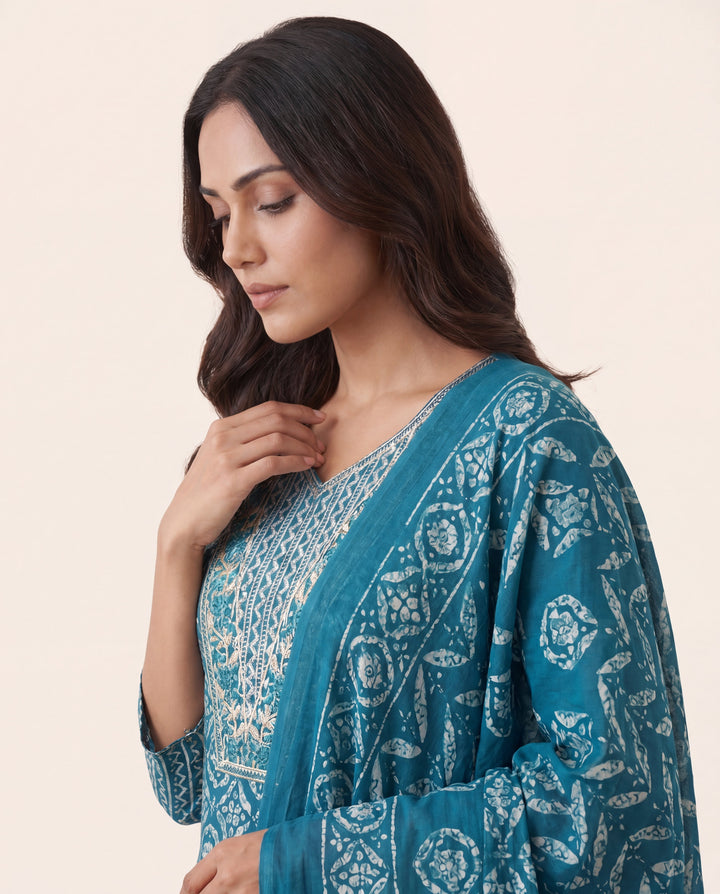 Blue Ethnic Printed Cotton Blend Straight Suit Set With Dupatta