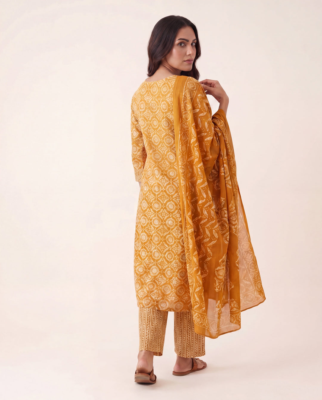Mustard Ethnic Printed Cotton Blend Straight Suit Set With Dupatta