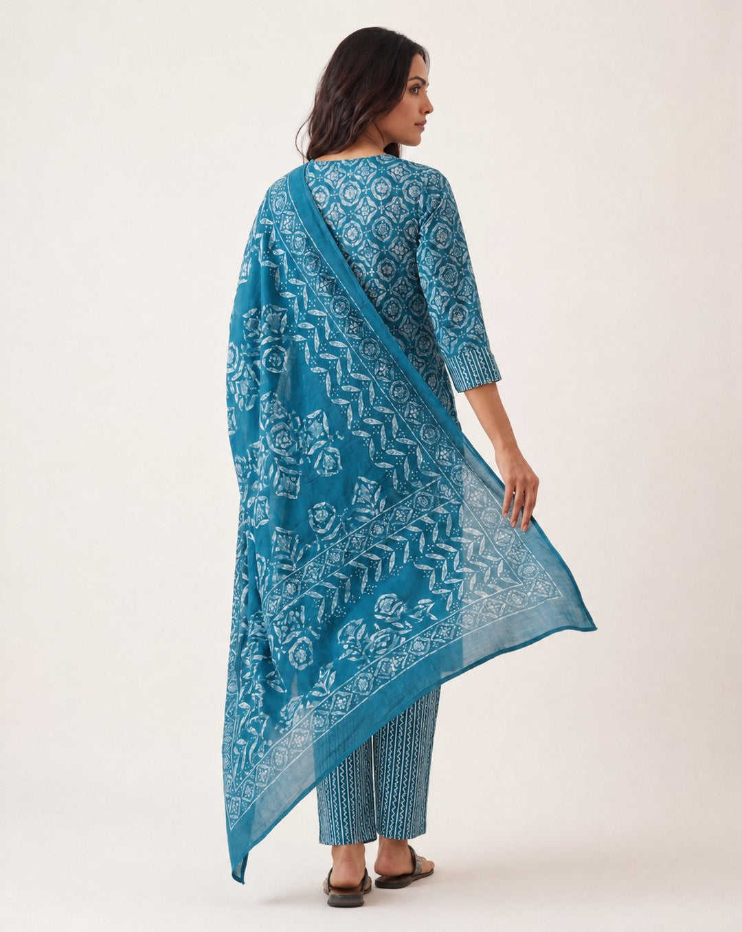 Blue Ethnic Printed Cotton Blend Straight Suit Set With Dupatta