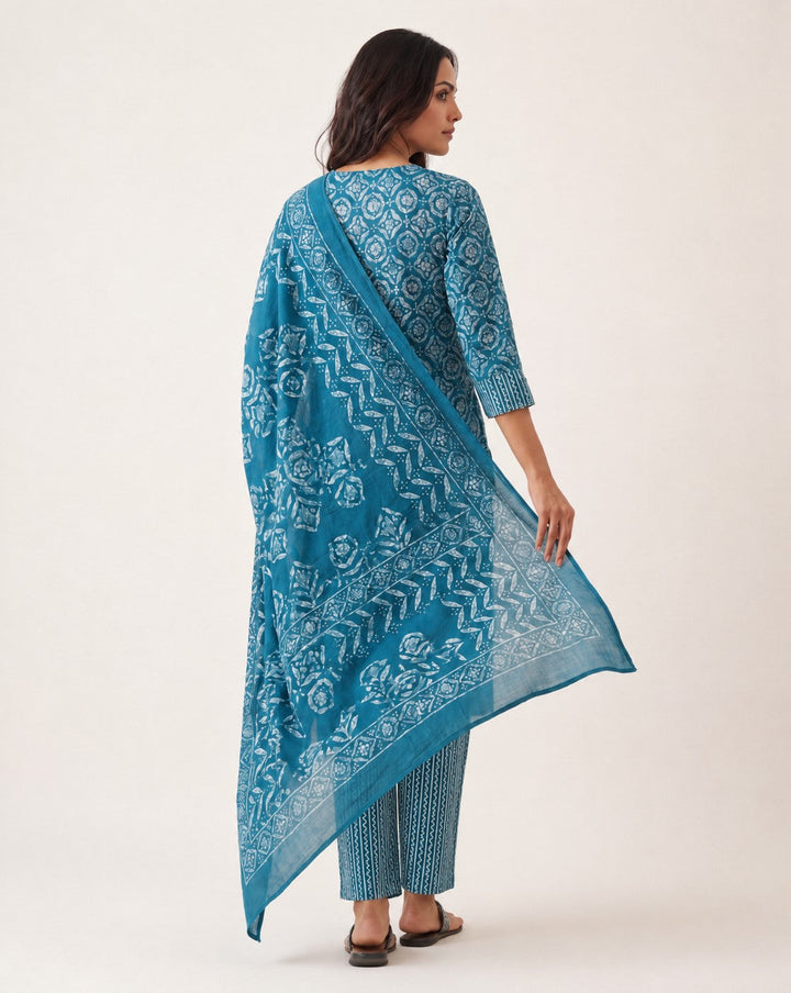 Blue Ethnic Printed Cotton Blend Straight Suit Set With Dupatta