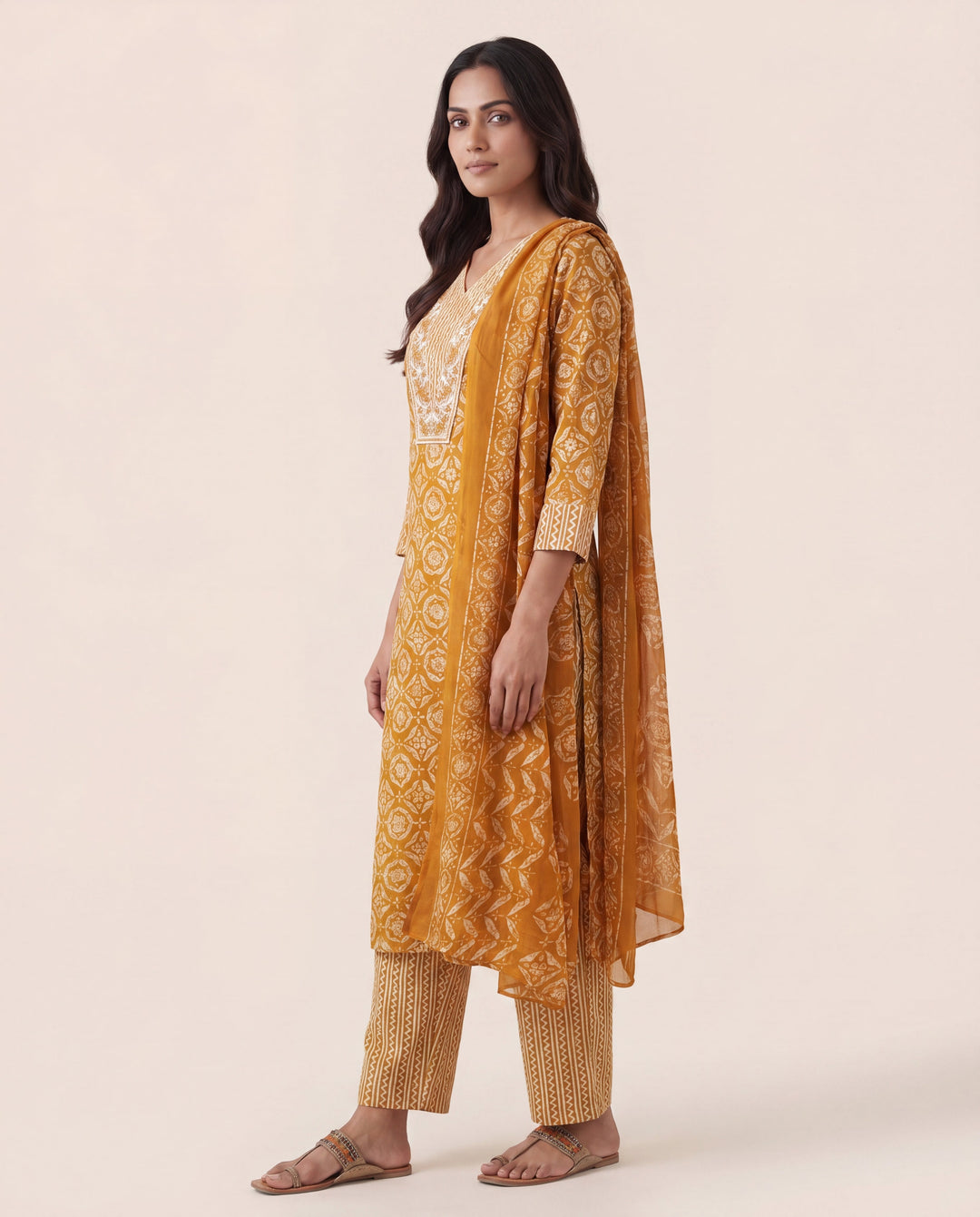 Mustard Ethnic Printed Cotton Blend Straight Suit Set With Dupatta