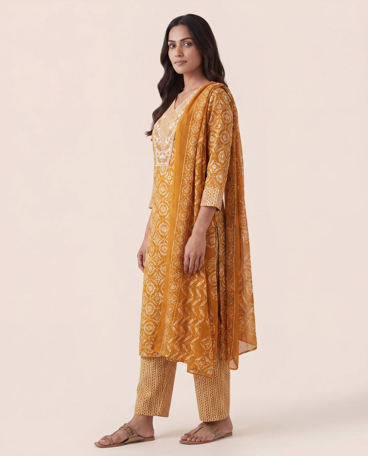 Mustard Ethnic Printed Cotton Blend Straight Suit Set With Dupatta