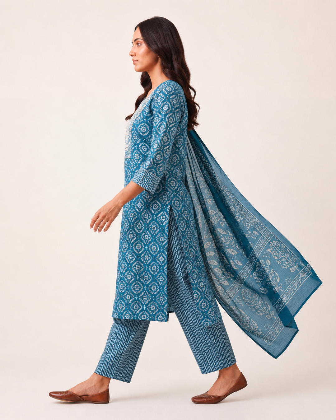 Blue Ethnic Printed Cotton Blend Straight Suit Set With Dupatta