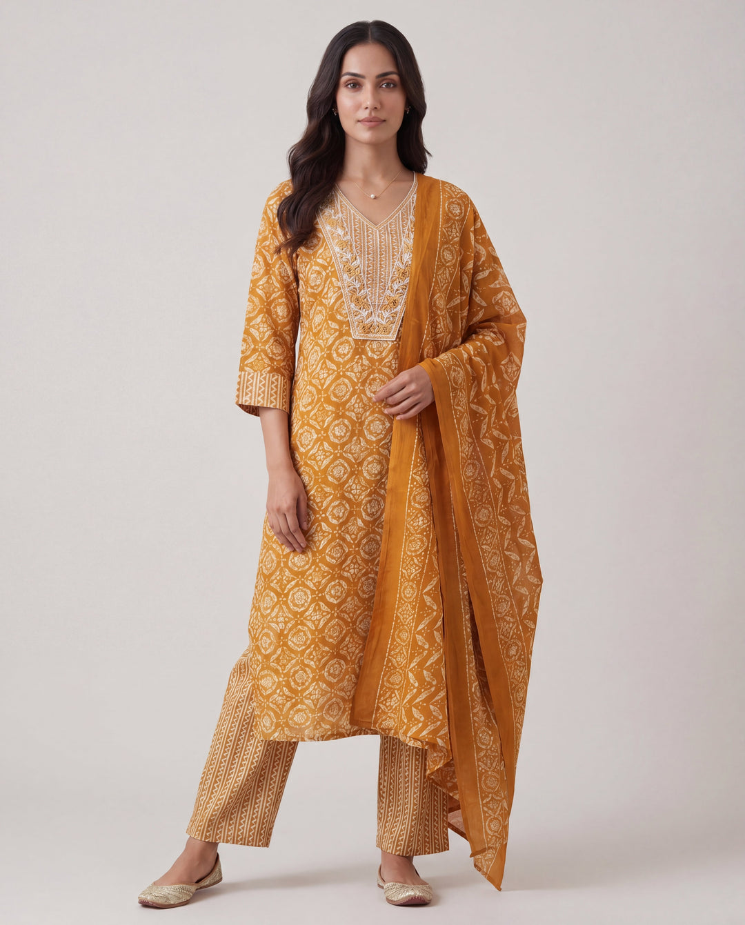 Mustard Ethnic Printed Cotton Blend Straight Suit Set With Dupatta