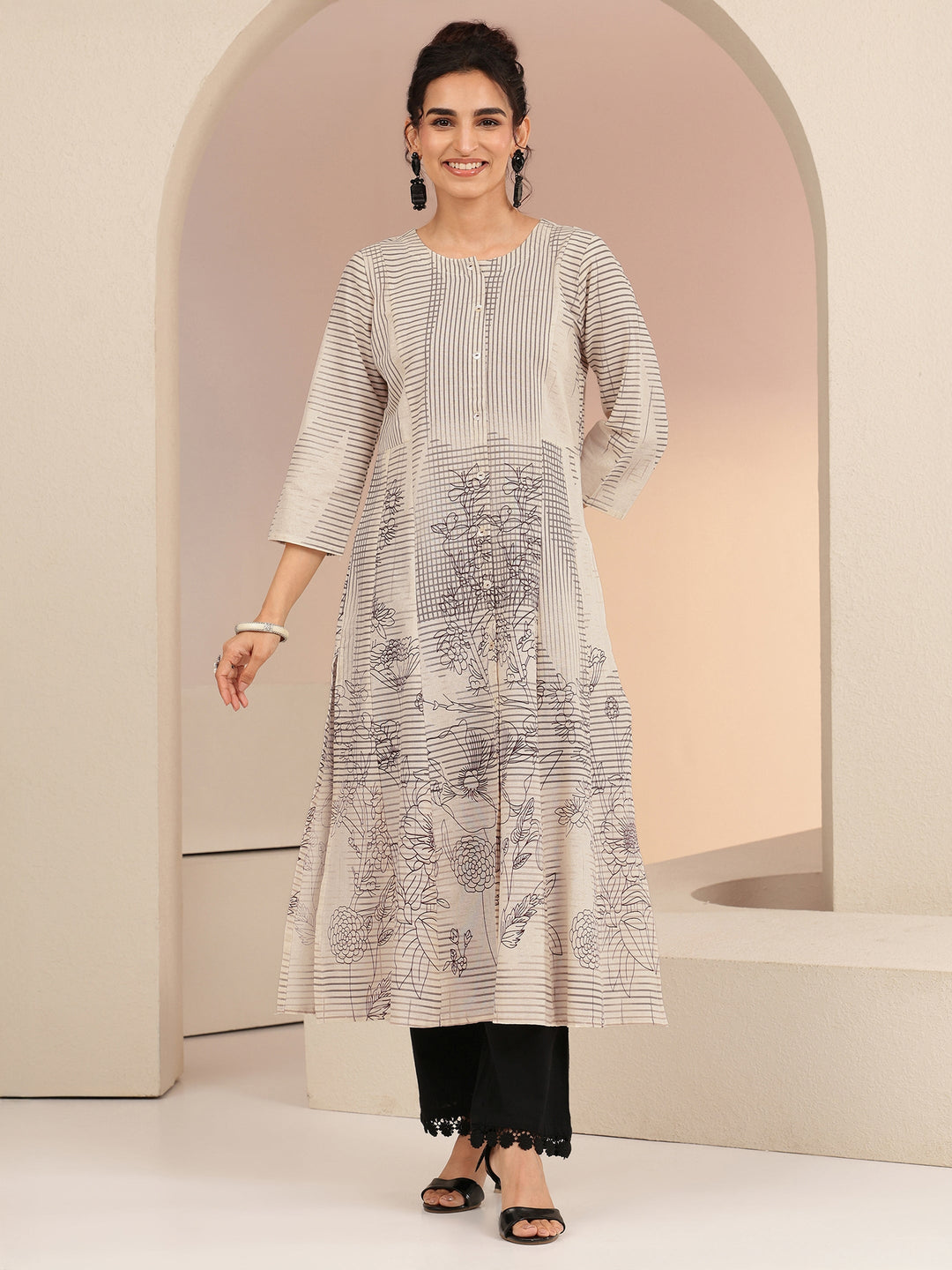 Libas Ivory Abstract Print Cotton Blend A-Line Kurta