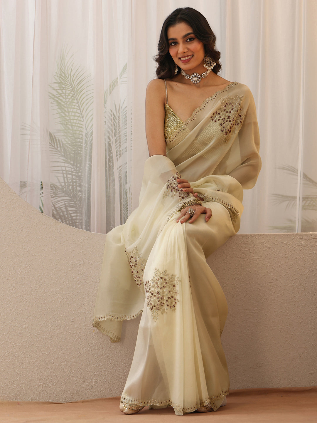 Libas Ivory Floral Embellished Tissue Saree
