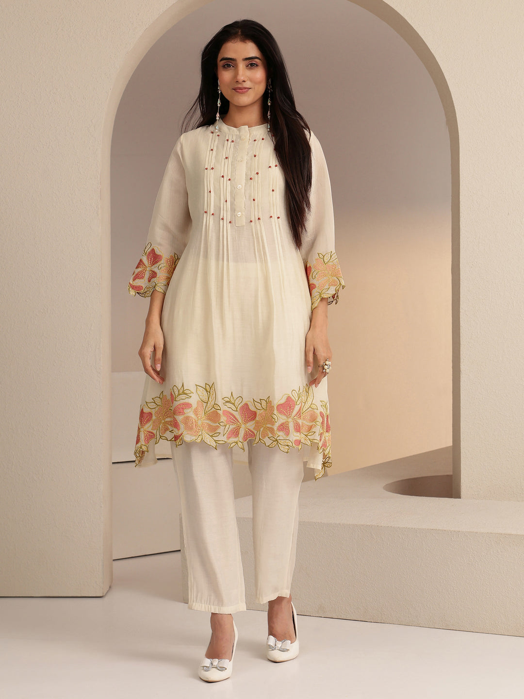 Libas Ivory Floral Embroidered Chanderi Cotton Co-ord Set