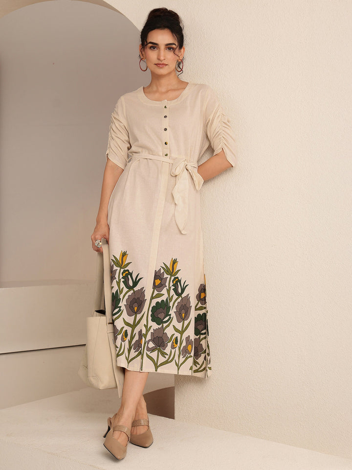 Libas Ivory Floral Printed Cotton Blend A-Line Dress