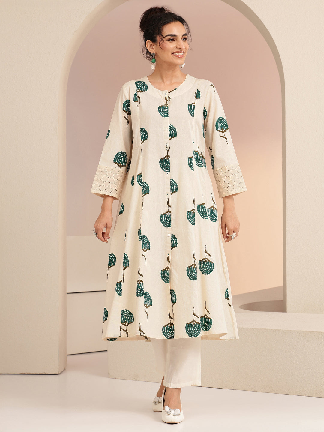 Libas Ivory Floral Printed Cotton Blend A-Line Kurta
