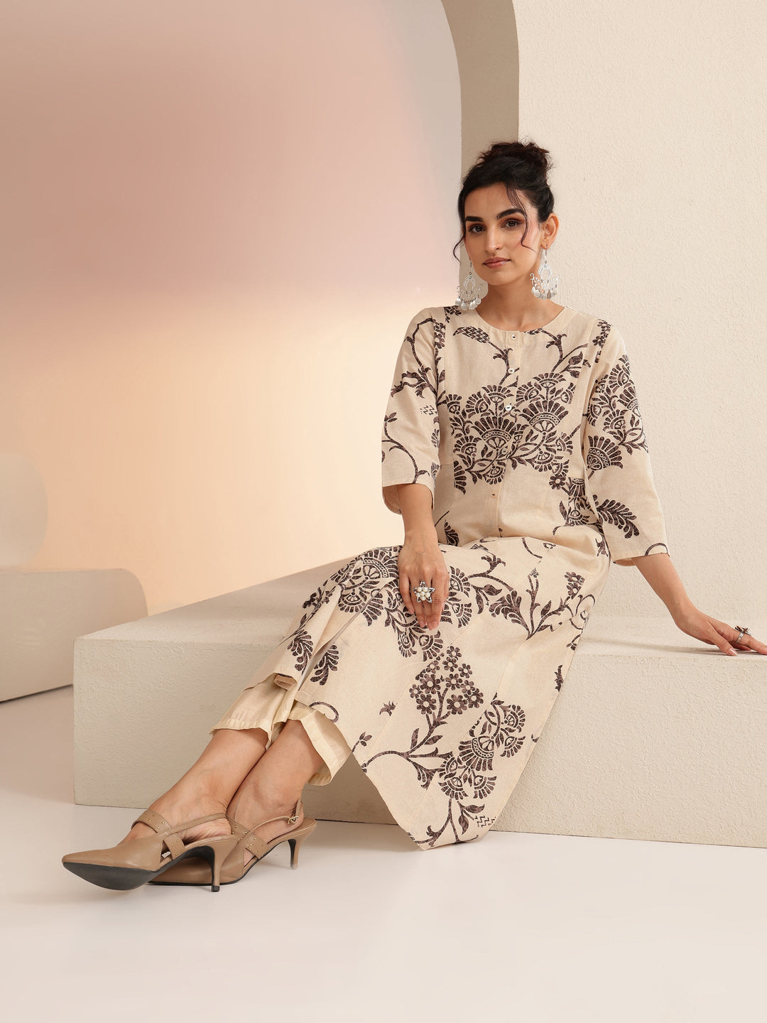 Libas Ivory Floral Printed Cotton Blend A-Line Kurta