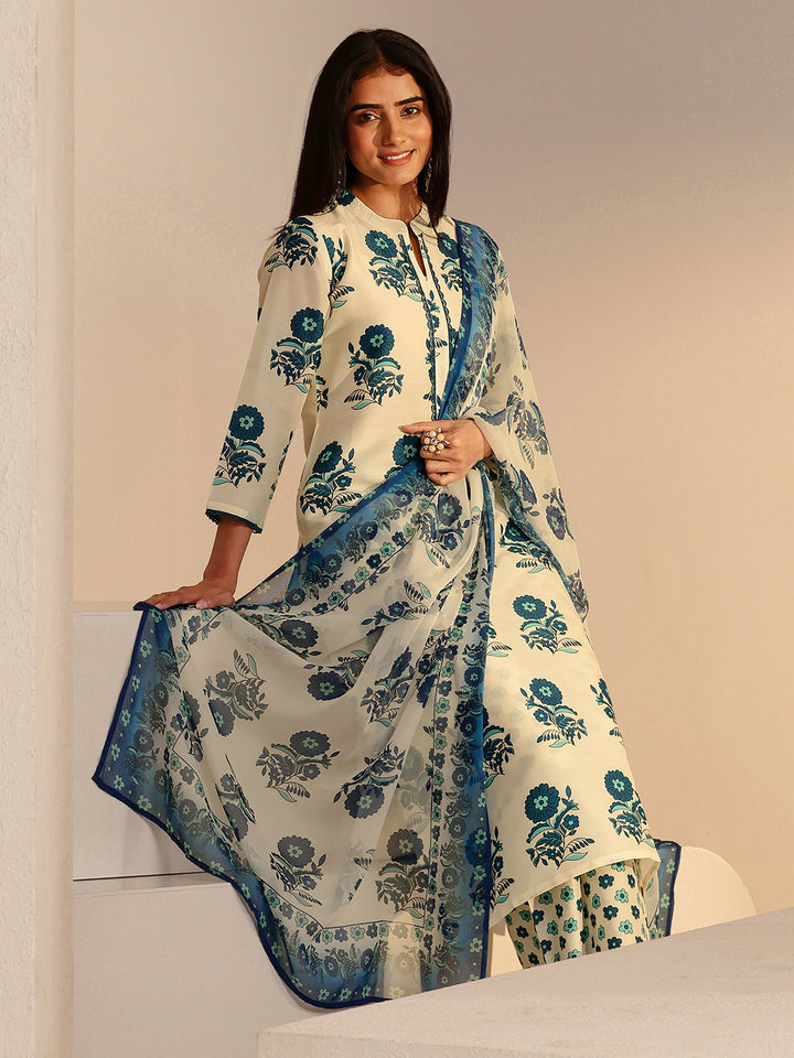 Libas Ivory Floral Printed Straight Cotton Blend Suit Set