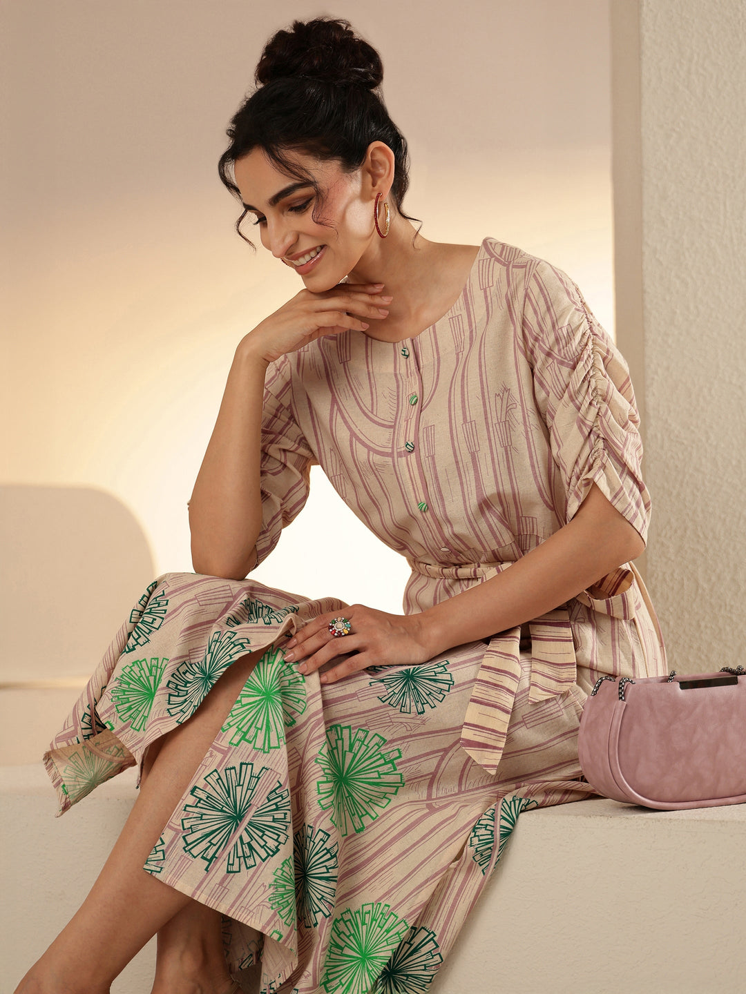 Ivory Geometric Print Cotton Midi Dress