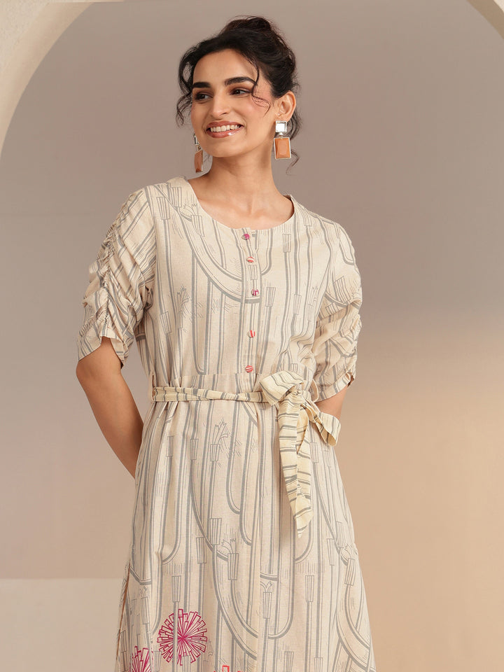 Libas Ivory Geometric Print Cotton Midi Dress