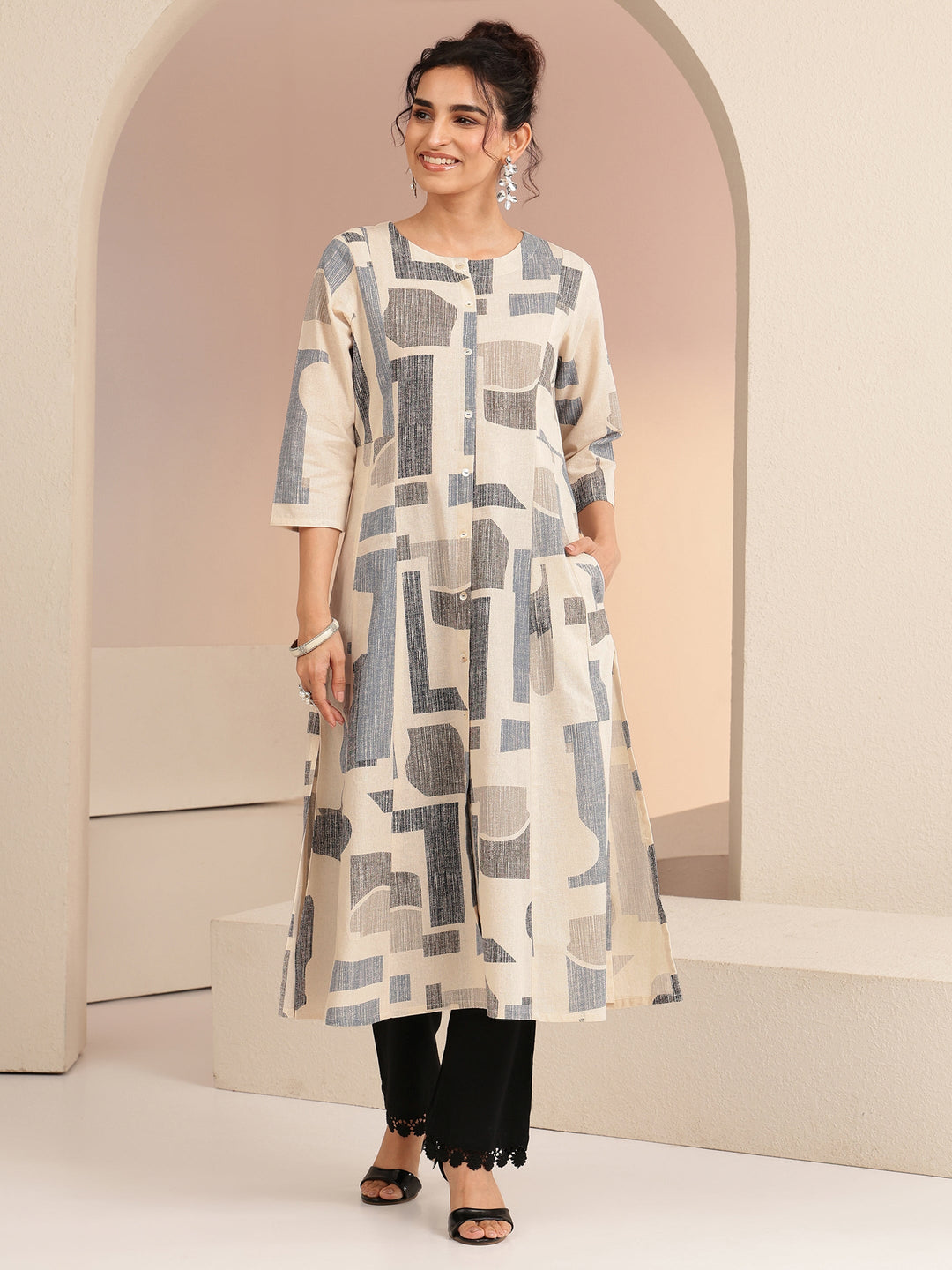 Ivory Geometric Print Silk Blend A-Line Kurta