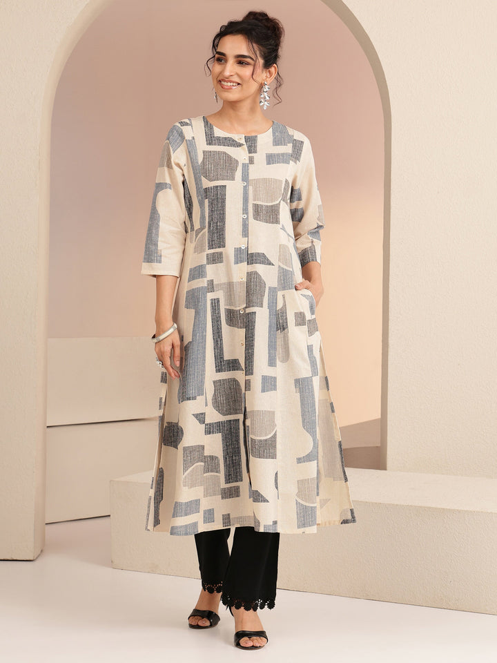 Libas Ivory Geometric Print Silk Blend A-Line Kurta