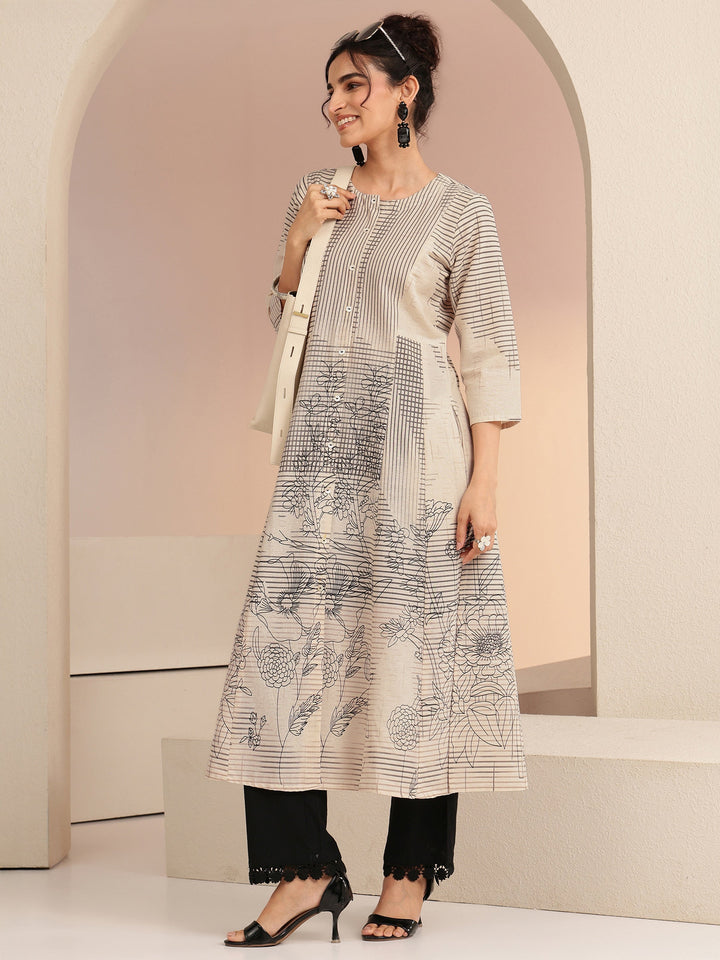 Libas Ivory and Black Abstract Print Cotton Blend A-Line Kurta