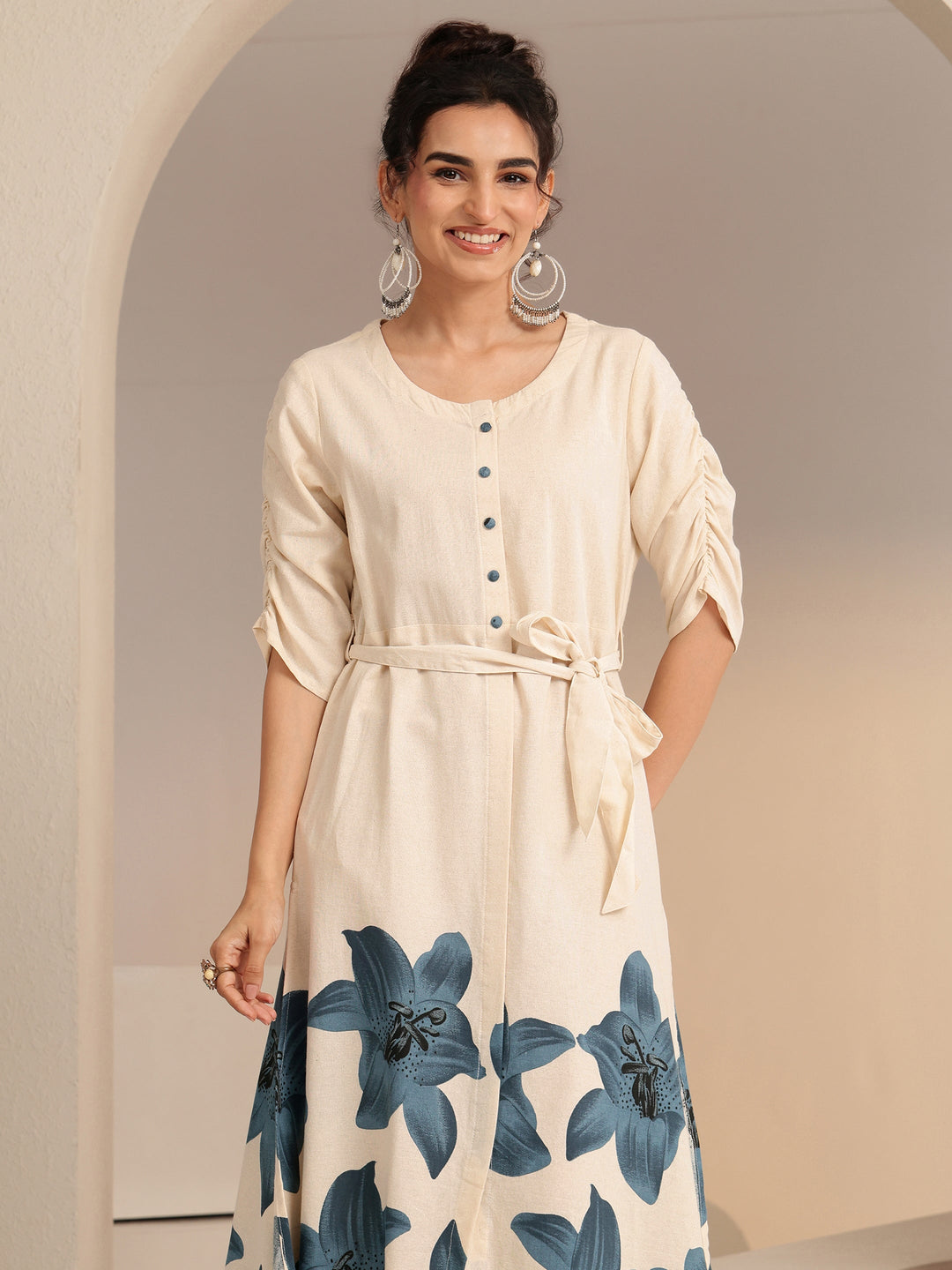 Ivory and Blue Floral Printed Cotton Blend A-Line Dress