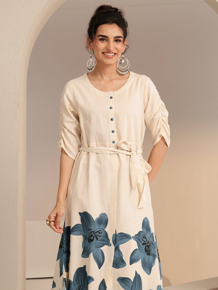 Libas Ivory and Blue Floral Printed Cotton Blend A-Line Dress